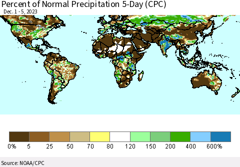 World Percent of Normal Precipitation 5-Day (CPC) Thematic Map For 12/1/2023 - 12/5/2023