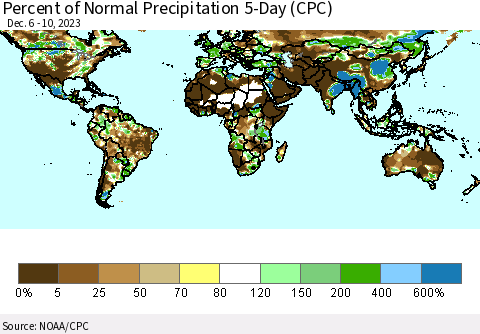 World Percent of Normal Precipitation 5-Day (CPC) Thematic Map For 12/6/2023 - 12/10/2023