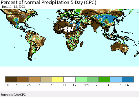 World Percent of Normal Precipitation 5-Day (CPC) Thematic Map For 12/11/2023 - 12/15/2023