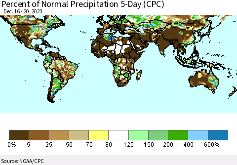 World Percent of Normal Precipitation 5-Day (CPC) Thematic Map For 12/16/2023 - 12/20/2023
