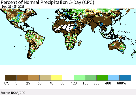 World Percent of Normal Precipitation 5-Day (CPC) Thematic Map For 12/21/2023 - 12/25/2023
