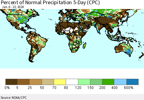 World Percent of Normal Precipitation 5-Day (CPC) Thematic Map For 1/6/2024 - 1/10/2024
