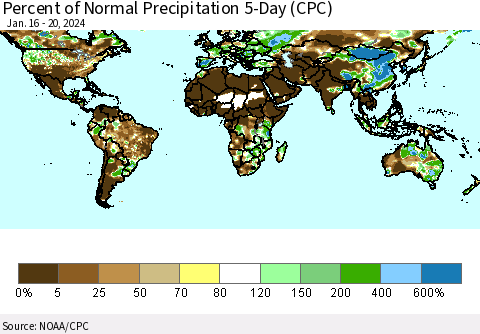 World Percent of Normal Precipitation 5-Day (CPC) Thematic Map For 1/16/2024 - 1/20/2024