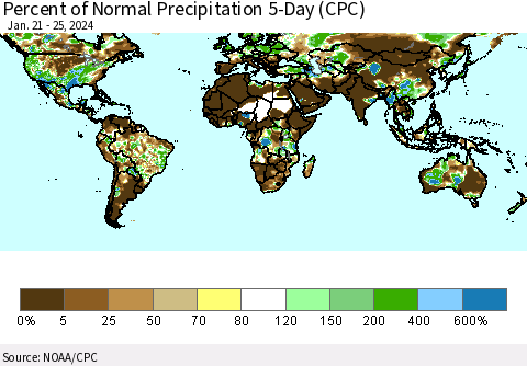 World Percent of Normal Precipitation 5-Day (CPC) Thematic Map For 1/21/2024 - 1/25/2024