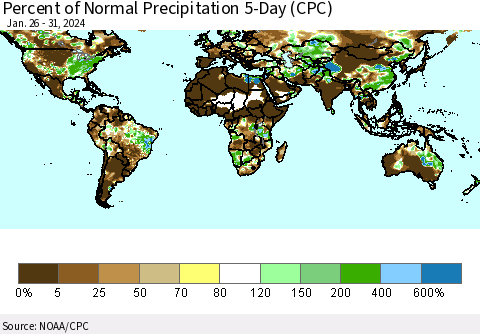 World Percent of Normal Precipitation 5-Day (CPC) Thematic Map For 1/26/2024 - 1/31/2024