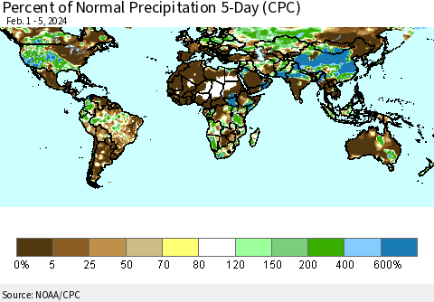 World Percent of Normal Precipitation 5-Day (CPC) Thematic Map For 2/1/2024 - 2/5/2024