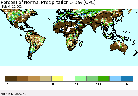 World Percent of Normal Precipitation 5-Day (CPC) Thematic Map For 2/6/2024 - 2/10/2024