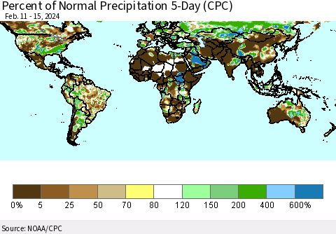 World Percent of Normal Precipitation 5-Day (CPC) Thematic Map For 2/11/2024 - 2/15/2024