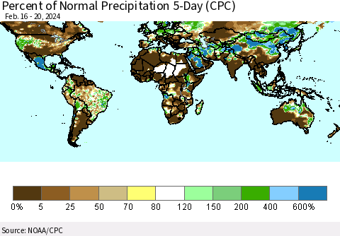 World Percent of Normal Precipitation 5-Day (CPC) Thematic Map For 2/16/2024 - 2/20/2024