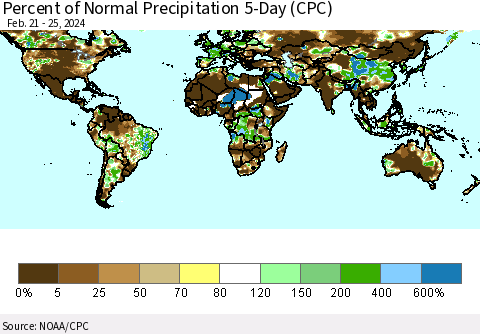 World Percent of Normal Precipitation 5-Day (CPC) Thematic Map For 2/21/2024 - 2/25/2024