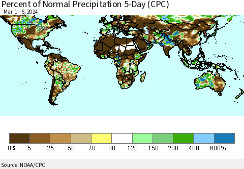 World Percent of Normal Precipitation 5-Day (CPC) Thematic Map For 3/1/2024 - 3/5/2024