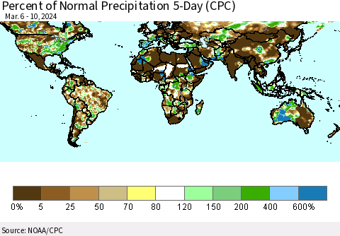 World Percent of Normal Precipitation 5-Day (CPC) Thematic Map For 3/6/2024 - 3/10/2024