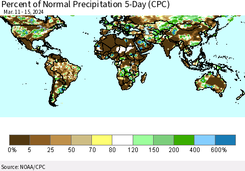 World Percent of Normal Precipitation 5-Day (CPC) Thematic Map For 3/11/2024 - 3/15/2024