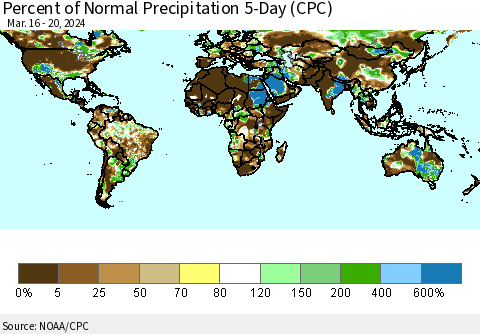 World Percent of Normal Precipitation 5-Day (CPC) Thematic Map For 3/16/2024 - 3/20/2024