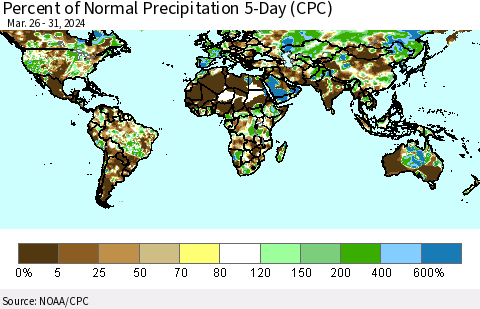 World Percent of Normal Precipitation 5-Day (CPC) Thematic Map For 3/26/2024 - 3/31/2024