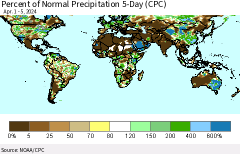World Percent of Normal Precipitation 5-Day (CPC) Thematic Map For 4/1/2024 - 4/5/2024