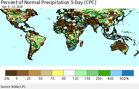 World Percent of Normal Precipitation 5-Day (CPC) Thematic Map For 4/6/2024 - 4/10/2024