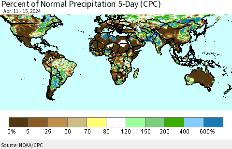 World Percent of Normal Precipitation 5-Day (CPC) Thematic Map For 4/11/2024 - 4/15/2024