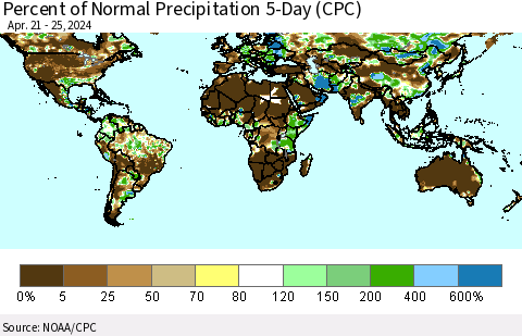 World Percent of Normal Precipitation 5-Day (CPC) Thematic Map For 4/21/2024 - 4/25/2024