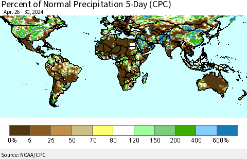 World Percent of Normal Precipitation 5-Day (CPC) Thematic Map For 4/26/2024 - 4/30/2024