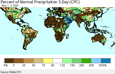 World Percent of Normal Precipitation 5-Day (CPC) Thematic Map For 5/1/2024 - 5/5/2024