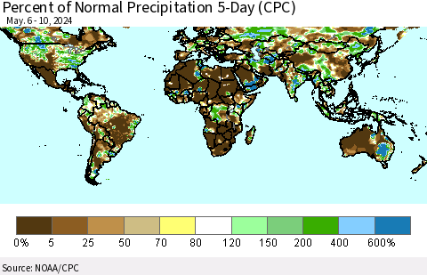 World Percent of Normal Precipitation 5-Day (CPC) Thematic Map For 5/6/2024 - 5/10/2024