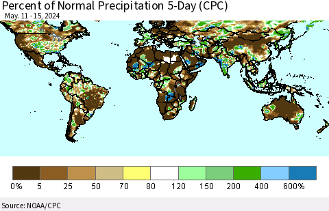 World Percent of Normal Precipitation 5-Day (CPC) Thematic Map For 5/11/2024 - 5/15/2024