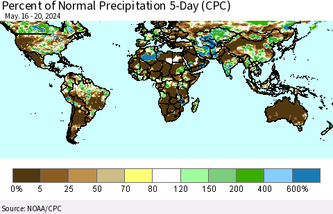 World Percent of Normal Precipitation 5-Day (CPC) Thematic Map For 5/16/2024 - 5/20/2024