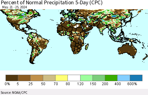 World Percent of Normal Precipitation 5-Day (CPC) Thematic Map For 5/21/2024 - 5/25/2024