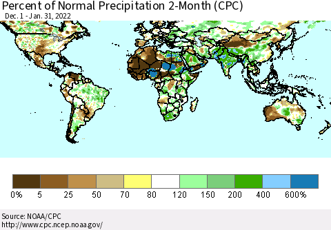 World Percent of Normal Precipitation 2-Month (CPC) Thematic Map For 12/1/2021 - 1/31/2022