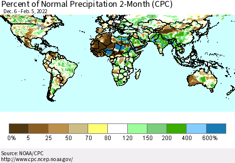 World Percent of Normal Precipitation 2-Month (CPC) Thematic Map For 12/6/2021 - 2/5/2022