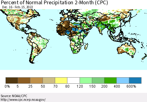 World Percent of Normal Precipitation 2-Month (CPC) Thematic Map For 12/16/2021 - 2/15/2022