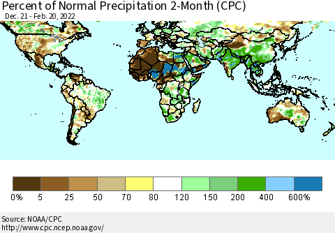 World Percent of Normal Precipitation 2-Month (CPC) Thematic Map For 12/21/2021 - 2/20/2022