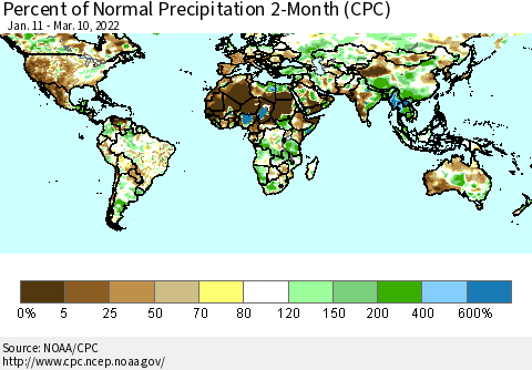World Percent of Normal Precipitation 2-Month (CPC) Thematic Map For 1/11/2022 - 3/10/2022