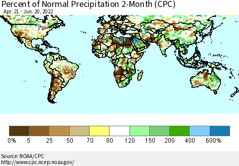 World Percent of Normal Precipitation 2-Month (CPC) Thematic Map For 4/21/2022 - 6/20/2022