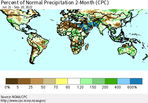 World Percent of Normal Precipitation 2-Month (CPC) Thematic Map For 7/21/2022 - 9/20/2022