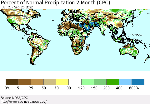 World Percent of Normal Precipitation 2-Month (CPC) Thematic Map For 7/26/2022 - 9/25/2022