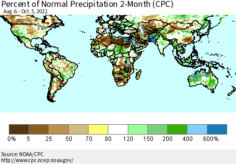 World Percent of Normal Precipitation 2-Month (CPC) Thematic Map For 8/6/2022 - 10/5/2022