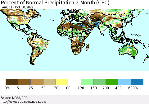 World Percent of Normal Precipitation 2-Month (CPC) Thematic Map For 8/11/2022 - 10/10/2022