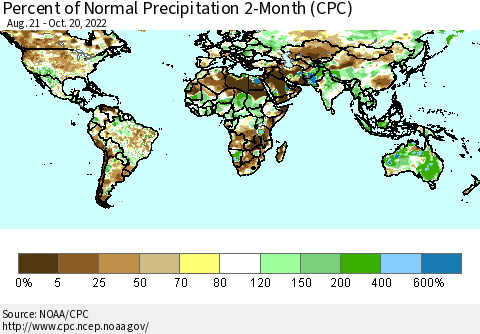 World Percent of Normal Precipitation 2-Month (CPC) Thematic Map For 8/21/2022 - 10/20/2022