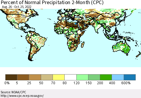 World Percent of Normal Precipitation 2-Month (CPC) Thematic Map For 8/26/2022 - 10/25/2022
