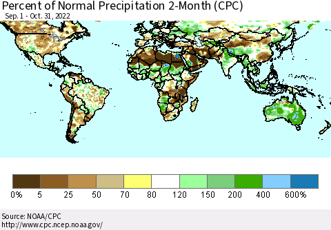 World Percent of Normal Precipitation 2-Month (CPC) Thematic Map For 9/1/2022 - 10/31/2022