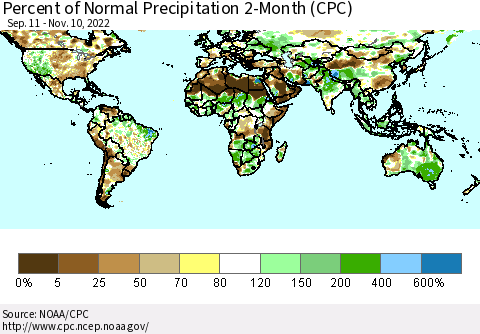 World Percent of Normal Precipitation 2-Month (CPC) Thematic Map For 9/11/2022 - 11/10/2022