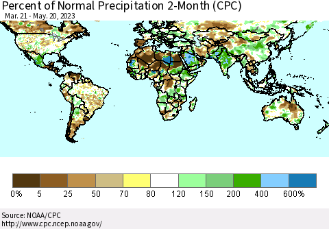 World Percent of Normal Precipitation 2-Month (CPC) Thematic Map For 3/21/2023 - 5/20/2023