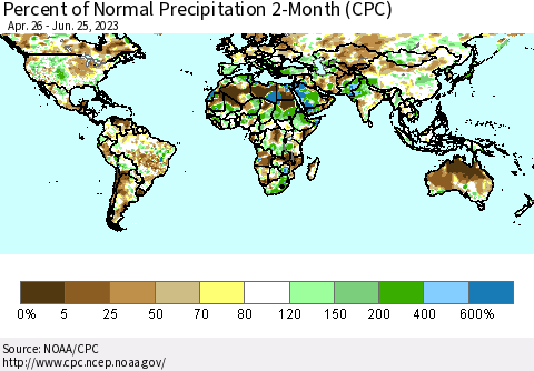 World Percent of Normal Precipitation 2-Month (CPC) Thematic Map For 4/26/2023 - 6/25/2023