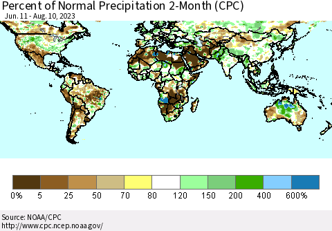 World Percent of Normal Precipitation 2-Month (CPC) Thematic Map For 6/11/2023 - 8/10/2023