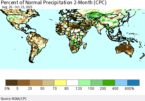 World Percent of Normal Precipitation 2-Month (CPC) Thematic Map For 8/26/2023 - 10/25/2023