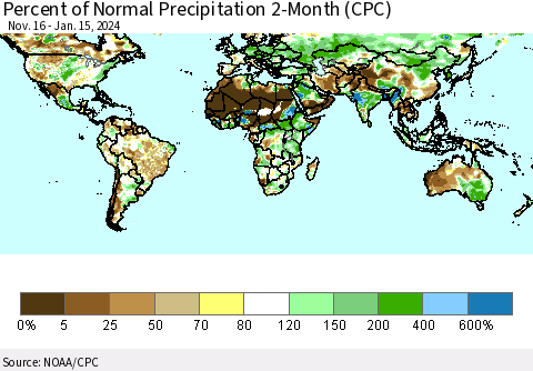 World Percent of Normal Precipitation 2-Month (CPC) Thematic Map For 11/16/2023 - 1/15/2024