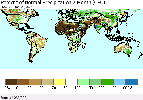 World Percent of Normal Precipitation 2-Month (CPC) Thematic Map For 11/26/2023 - 1/25/2024