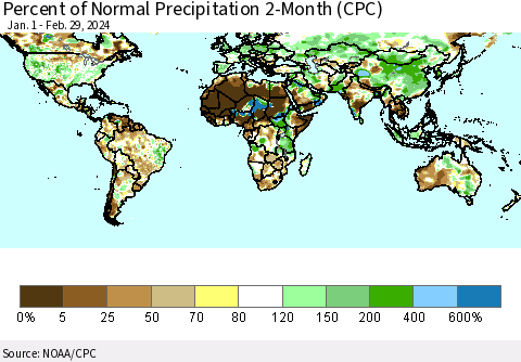 World Percent of Normal Precipitation 2-Month (CPC) Thematic Map For 1/1/2024 - 2/29/2024